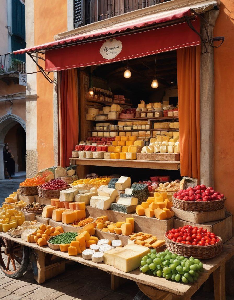 A picturesque scene showcasing a vibrant market stall filled with traditional San Marco culinary delights, such as artisanal cheeses, fresh fruits, and colorful spices. Include a backdrop of charming rustic architecture and locals enjoying their meals. Warm, inviting colors to convey a sense of tradition and community. super-realistic. vibrant colors. natural lighting.