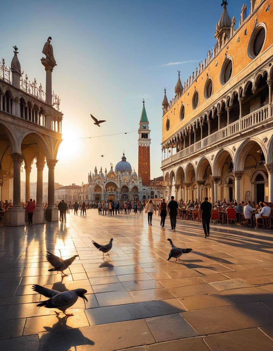 A breathtaking view of the iconic San Marco Square, showcasing the stunning Basilica di San Marco in the background, with vibrant tourists engaging in modern events like street performances and art installations. The scene should capture both historical architecture and contemporary vibrancy, with warm sunlight illuminating the surroundings. Include lively pigeons, outdoor cafes, and colorful street art to enhance the atmosphere. super-realistic. vibrant colors. 3D.