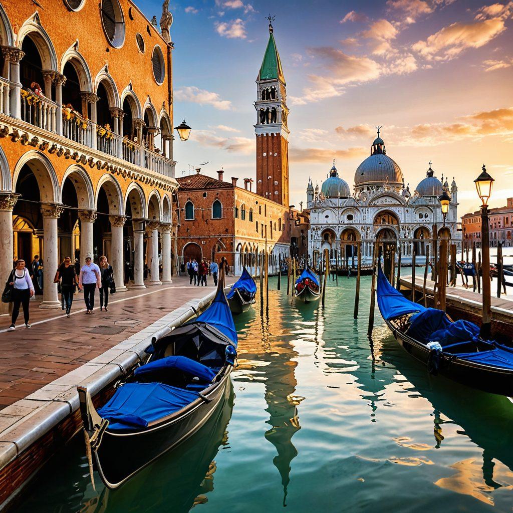 A picturesque view of San Marco Square, showcasing vibrant Venetian architecture, bustling atmosphere with tourists admiring the renowned Basilica di San Marco, and the iconic Campanile in the background. Include gondolas on a shimmering canal, a street artist playing music, and market stalls displaying local crafts. Capture the essence of Italian culture and history with warm, inviting tones. super-realistic. vibrant colors. ethereal lighting.
